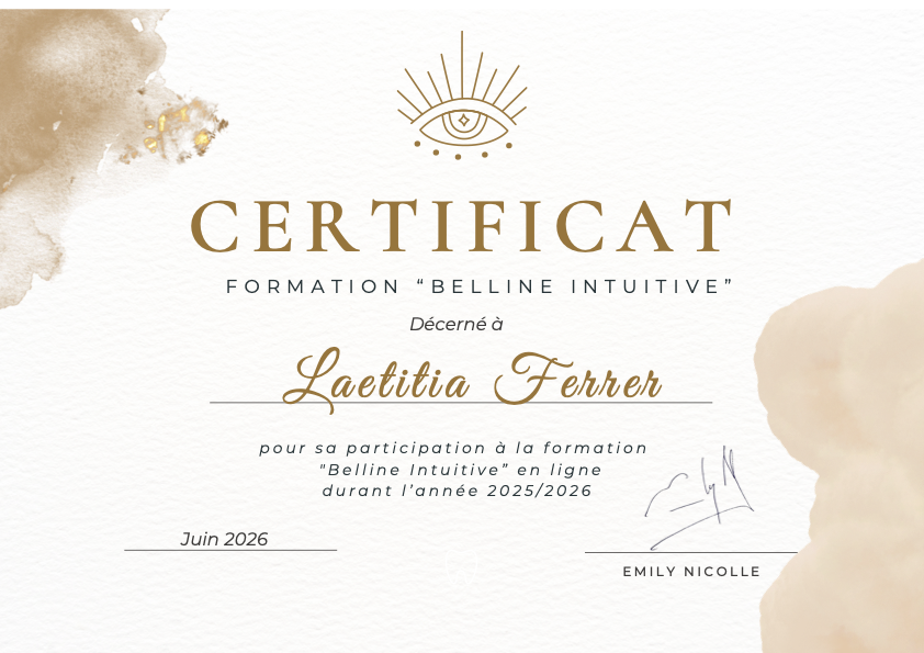 Certificat de formation Belline Intuitive décerné à Laëtitia Ferrer, juin 2026